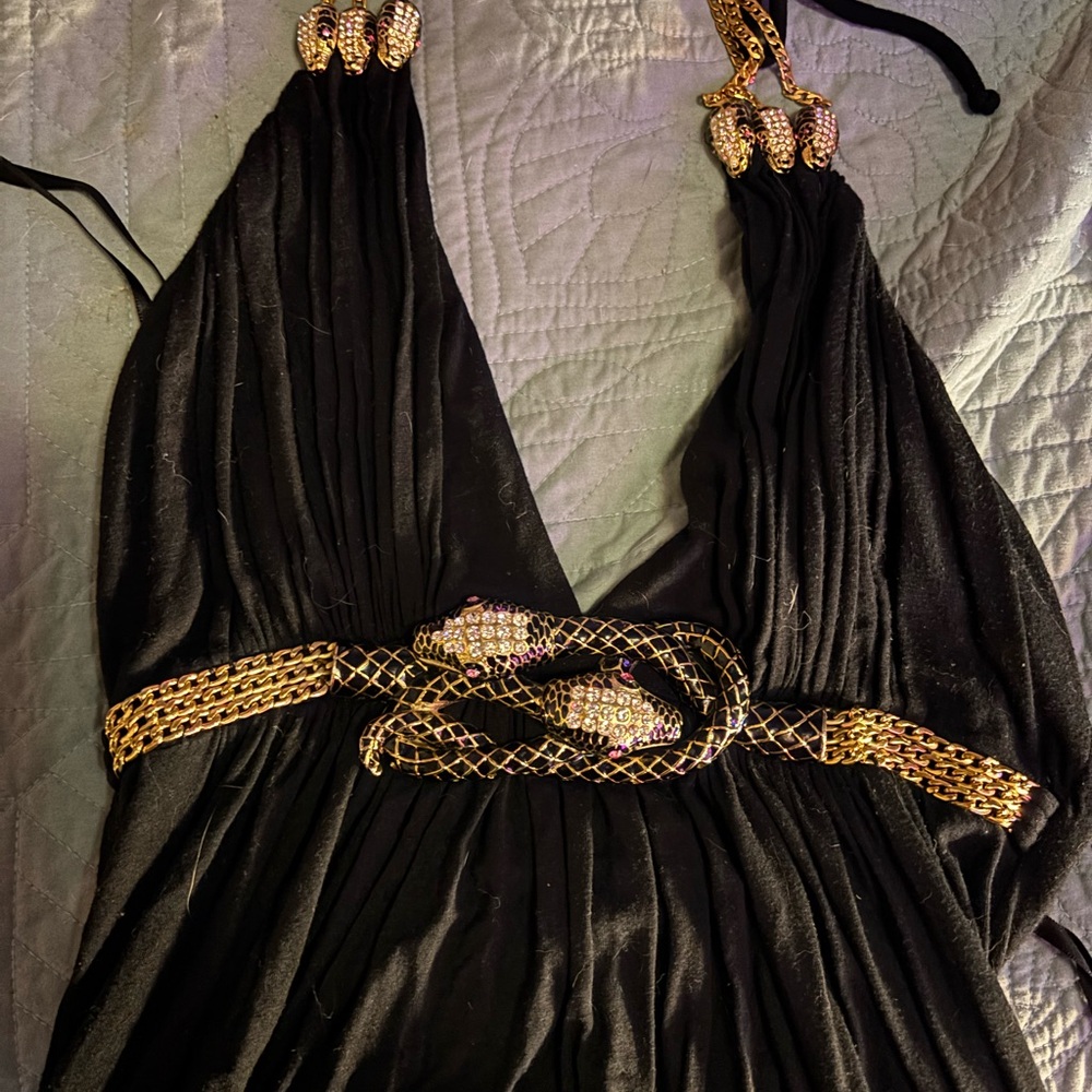 Y2K Sky Black Halter Top with Gold Snake Accent & Crystals